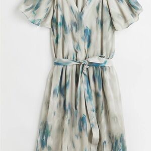 Blue Knee-Length Sundress with Puff Sleeves for Casual Work